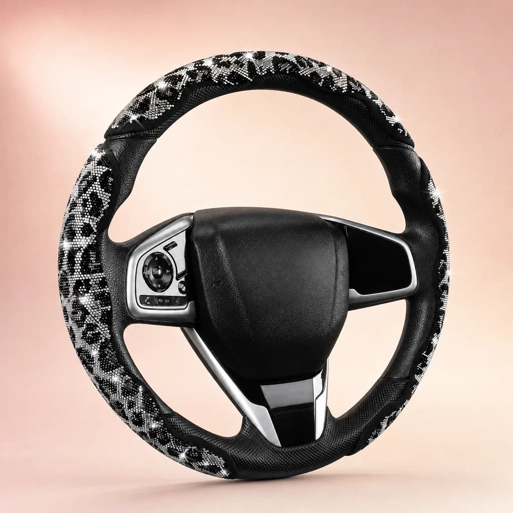 Leopard print rhinestone steering wheel cover on a soft blush studio backdrop